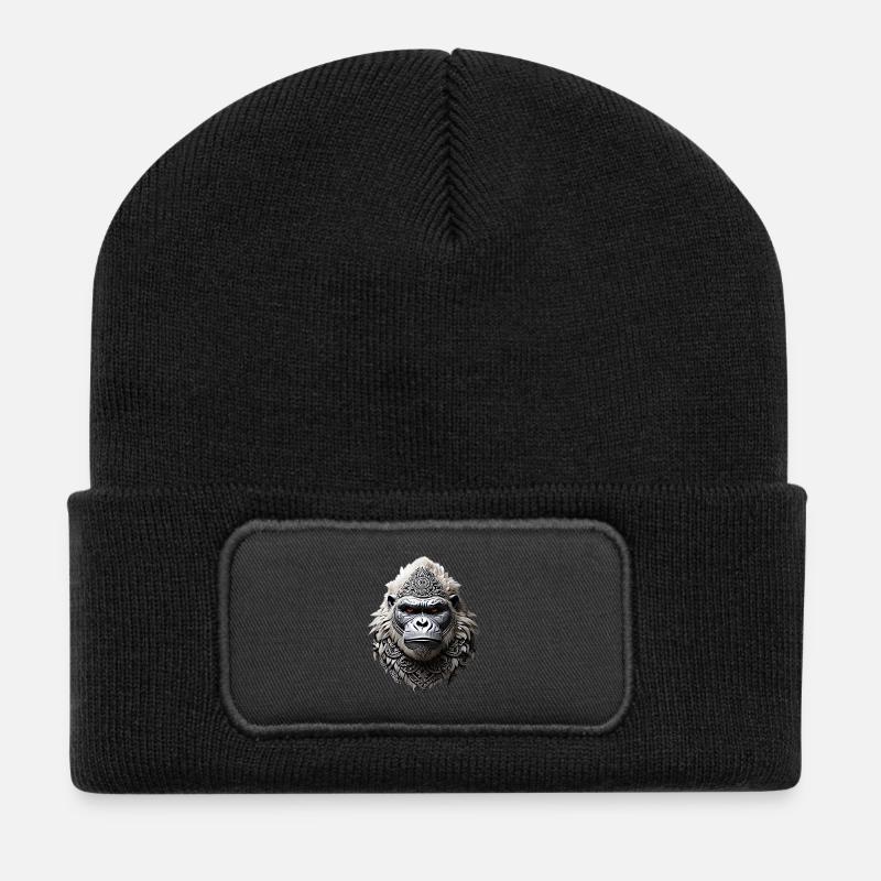 Gorillakopf Tribal Weißes Gorilla-Tattoo - Recycelte Patch Beanie - Schwarz