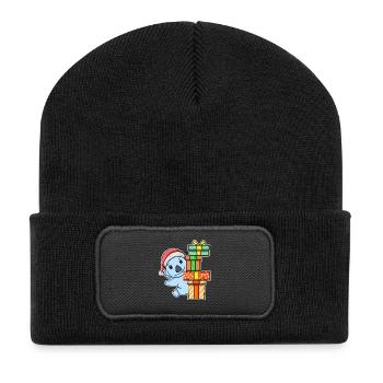 Koala mit Weihnachtsmütze und Weihnachtsgeschenk - Recycelte Patch Beanie - Schwarz - Vorne