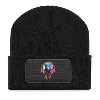 Chromatischer Alien-Kopf mit Kopfhörern - Recycelte Patch Beanie - Schwarz - Vorne