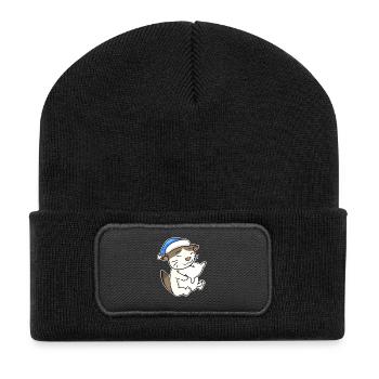 Dormir fatigué - Chat avec oreiller et bonnet somnolent - Beanie recyclé à patch - noir - Devant