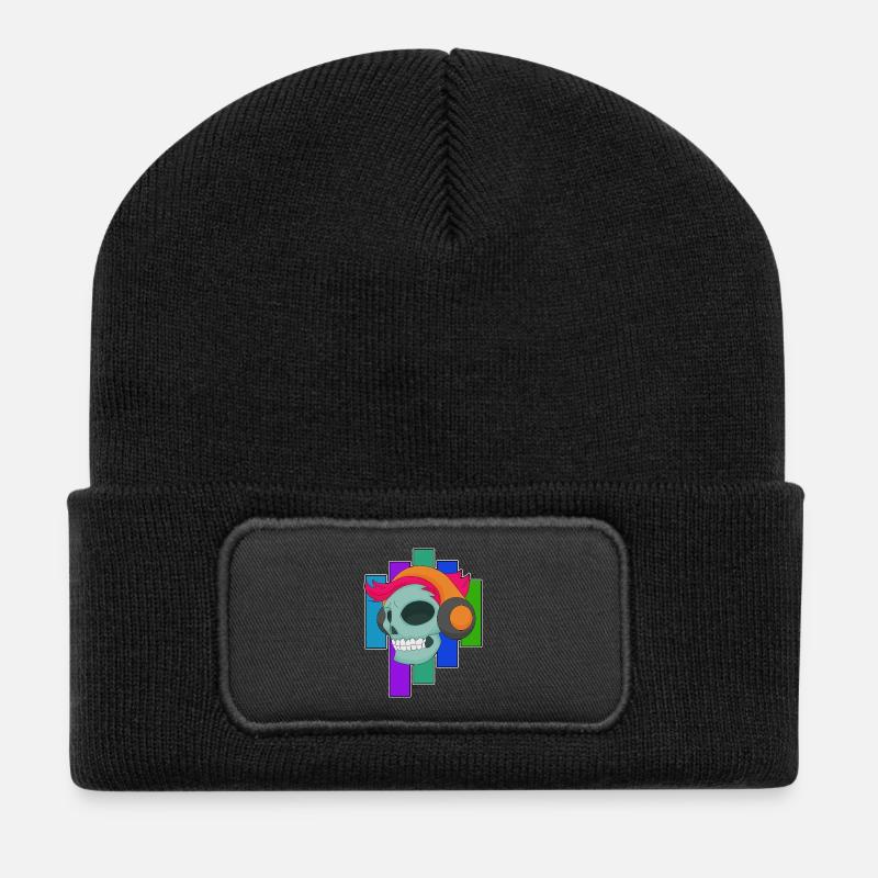 Totenkopf Musiker Kopfhörer Musik - Recycelte Patch Beanie - Schwarz
