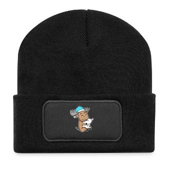 Elch mit Kissen und Schlafmütze - Recycelte Patch Beanie - Schwarz - Vorne