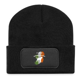 Irischer Wolfhund Umriss mit Flaggenmotivation - Recycelte Patch Beanie - Schwarz - Vorne