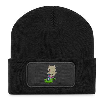 Katze Fahrrad - Recycelte Patch Beanie - Schwarz - Vorne