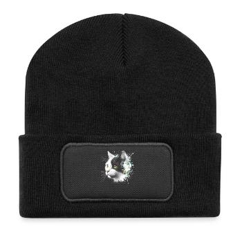 Cool cat head with colorful paint splashes - Recycled Patch Beanie - black - Front