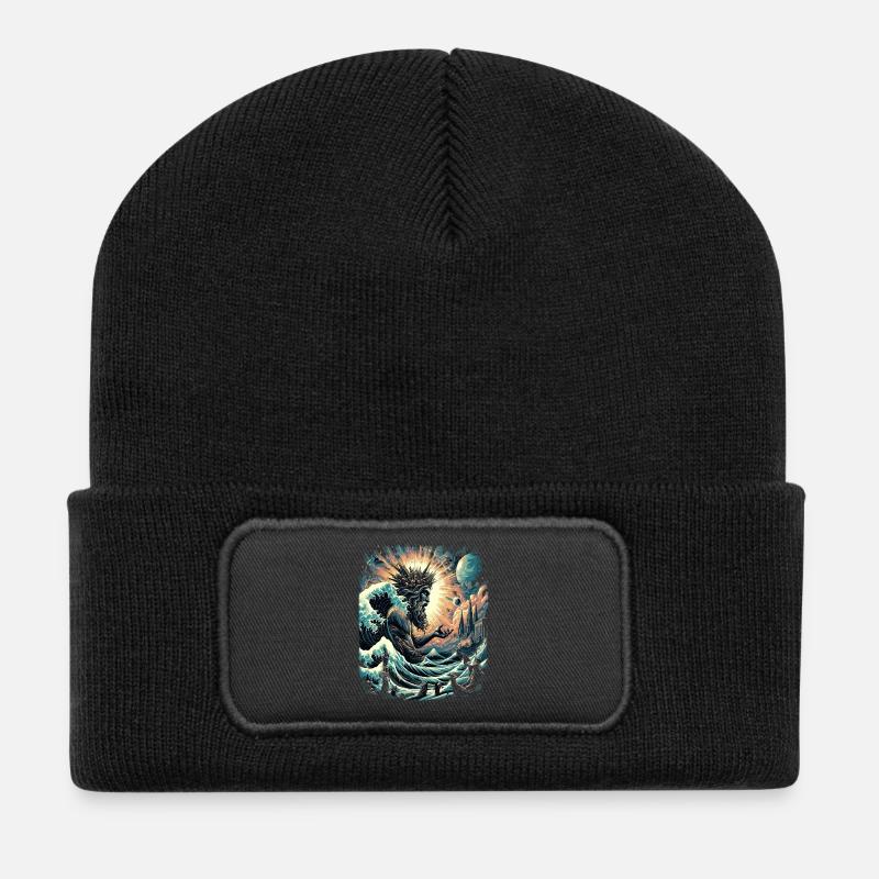 Poseidon's Great Wave off Kanagawa - Recycled Patch Beanie - black