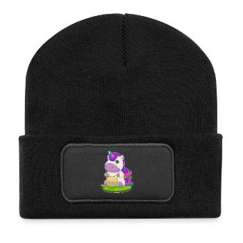 Einhorn Musiker Trommel Musik - Recycelte Patch Beanie - Schwarz - Vorne