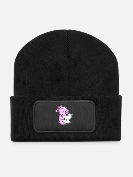 Schwein Müde Ausschlafen Schlafen Mädchen - Recycelte Patch Beanie - Schwarz