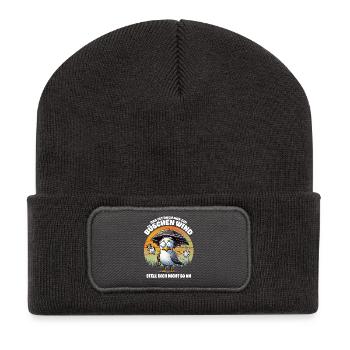 Lustige Möwe im Sturm Lustiger Spruch Büschen Wind - Recycelte Patch Beanie - Dunkelgrau - Vorne