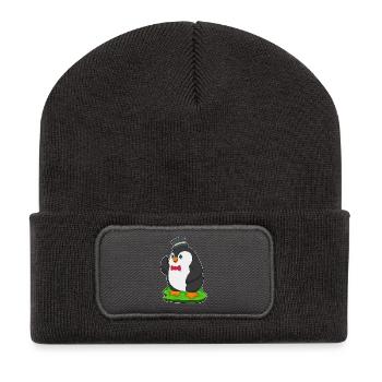 Mariage avec le chapeau haut-de-forme du marié pingouin - Beanie recyclé à patch - charbon - Devant
