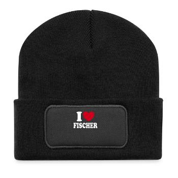 I love Fischer Herz Familie Geschenkidee - Recycelte Patch Beanie - Schwarz - Vorne