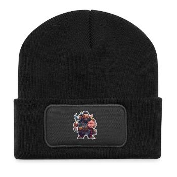 Sympathischer Zwergenkrieger mit Hausschwein - Recycelte Patch Beanie - Schwarz - Vorne
