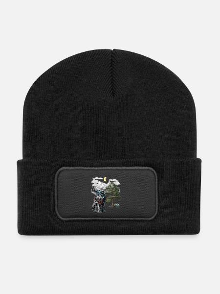 Wolf Wolves Nature Montagnes - Beanie recyclé à patch - noir