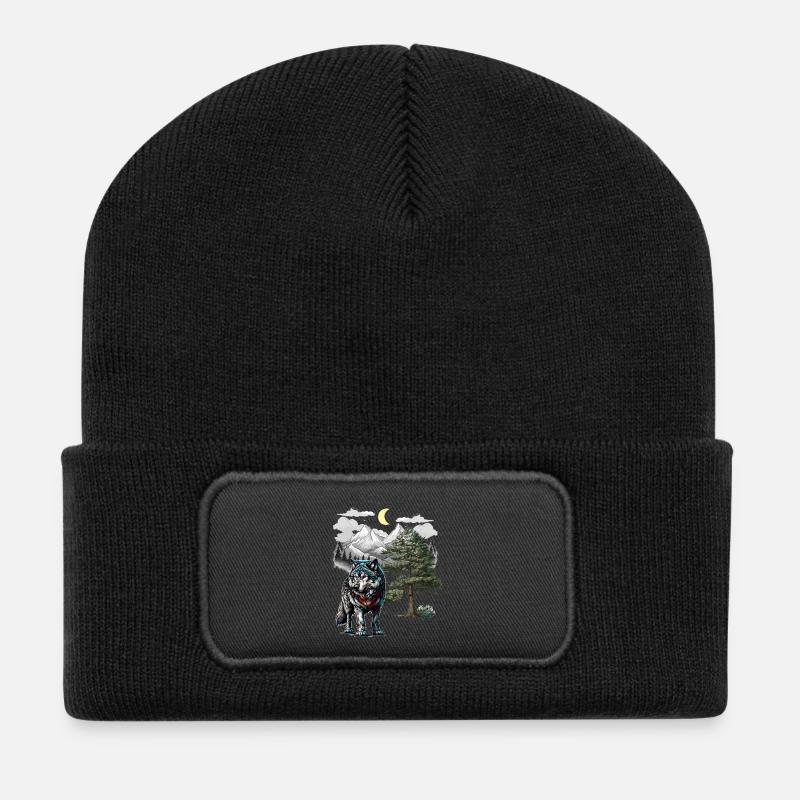 Wolf Wolves Nature Montagnes - Beanie recyclé à patch - noir
