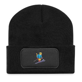 Katze Skifahrer Ski - Recycelte Patch Beanie - Schwarz - Vorne