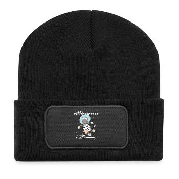 Drollige Kuh Als Astronaut Milchstrasse Weltall - Recycelte Patch Beanie - Schwarz - Vorne
