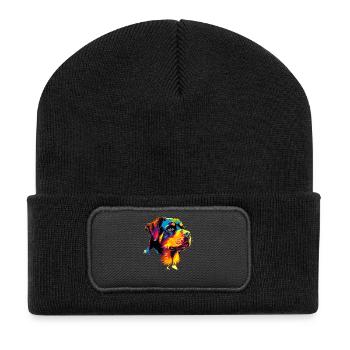 Rottweiler Hund Bunte Farben Pop Art Stolz Hunde - Recycelte Patch Beanie - Schwarz - Vorne