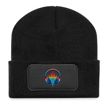 Lebendiger Klang Kopfhörer Regenbogen - Recycelte Patch Beanie - Schwarz - Vorne