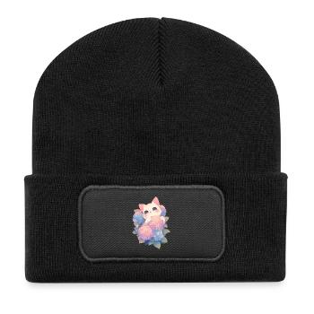 Kawaii White Cat Hydrangeas Flowers Chibi Style - Recycled Patch Beanie - black - Front