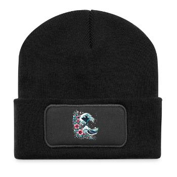 große Welle vor Kanagawa mit Blumen - Recycelte Patch Beanie - Schwarz - Vorne