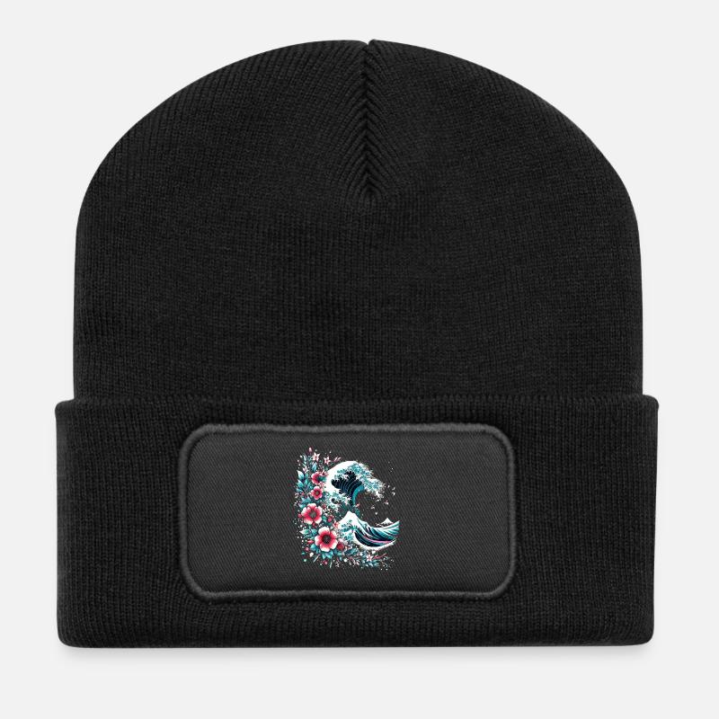 grosse vague de fleurs au large de Kanagawa - Beanie recyclé à patch - noir