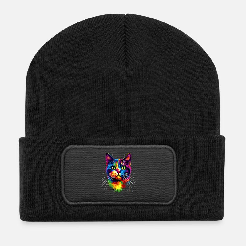 Katze Bunt Regenbogen Farben Popart Cat Mom Katzen - Recycelte Patch Beanie - Schwarz