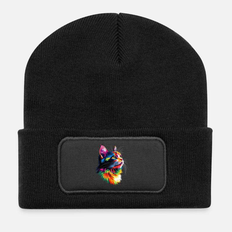 Katze Bunt Regenbogen Farben Popart Cat Mom Katzen - Recycelte Patch Beanie - Schwarz