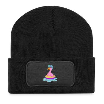 Flamingo Schwimmen Schwimmring Sommer - Recycelte Patch Beanie - Schwarz - Vorne