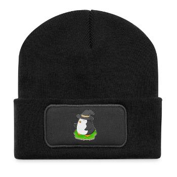 Pinguin Halloween Hexe - Recycelte Patch Beanie - Schwarz - Vorne