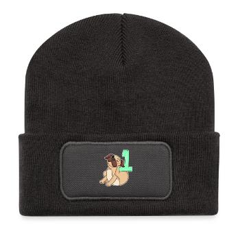 Zahl 1 Nummer Eins - Mops Hund Motiv - Recycelte Patch Beanie - Dunkelgrau - Vorne