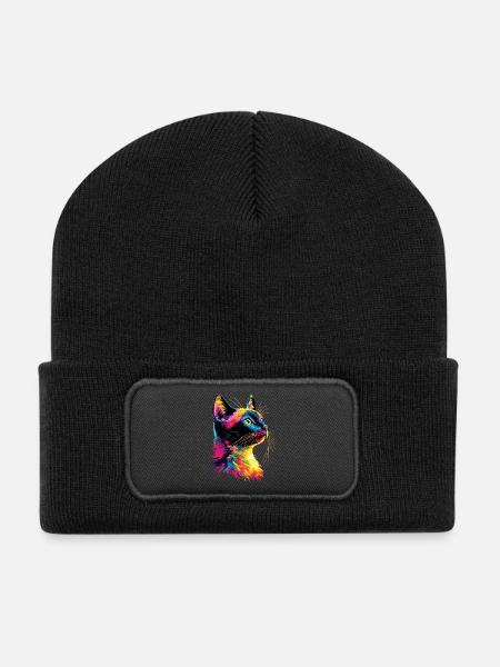 Katze Bunt Regenbogen Farben Popart Cat Mom Katzen - Recycelte Patch Beanie - Schwarz