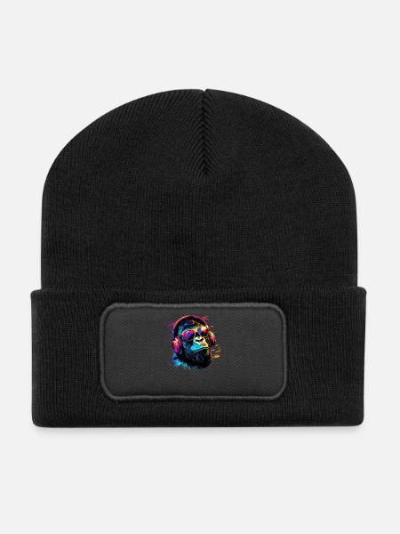 DJ Affe Kopfhörer Sonnenbrille Musik Party Affen - Recycelte Patch Beanie - Schwarz