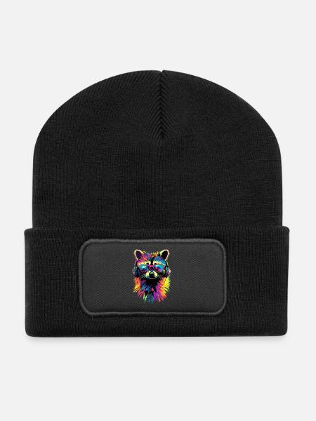 Waschbär Popart Bunt Regenbogen Raccoon Waschbären - Recycelte Patch Beanie - Schwarz