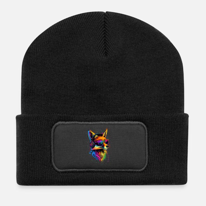 Fuchs DJ Kopfhörer Bunt Regenbogen Musik Füchse - Recycelte Patch Beanie - Schwarz