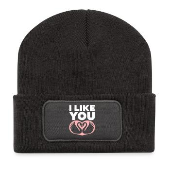 Couple de cygnes romantiques avec je t’aime - Beanie recyclé à patch - charbon - Devant