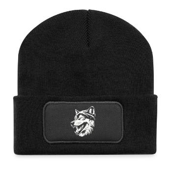 Lachender 🐺 Wolf - Recycelte Patch Beanie - Schwarz - Vorne