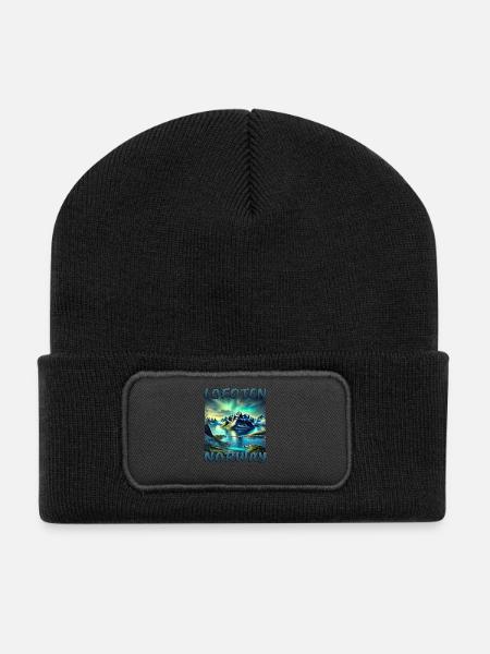 Lofoten Norwegen Grunge Fjord Natur Nordlichter - Recycelte Patch Beanie - Schwarz