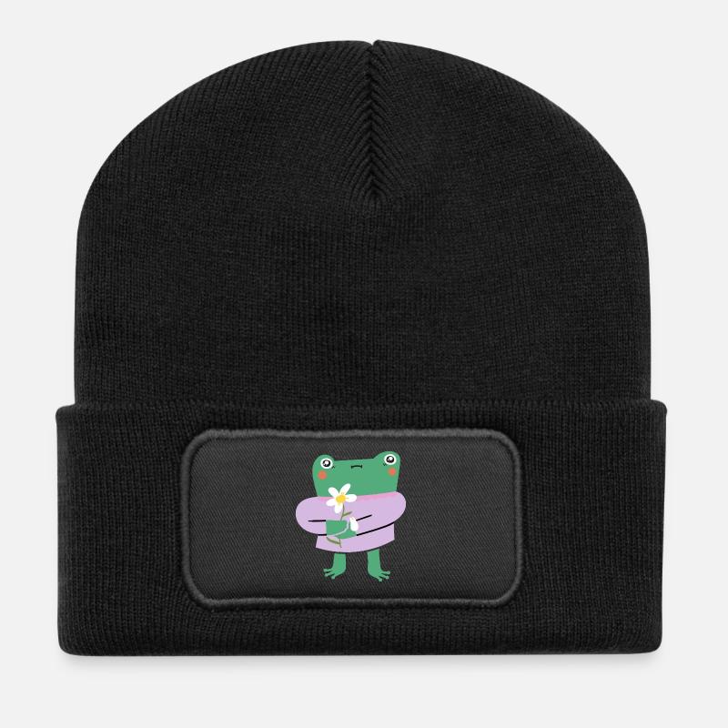 Grenouille mignonne avec fleur - Wholesome Vibes - Beanie recyclé à patch - noir