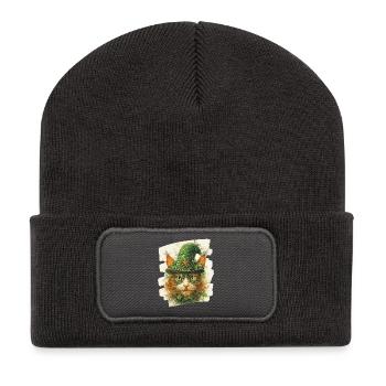 St Patrick's Day Cat - Recycled Patch Beanie - dark grey - Front