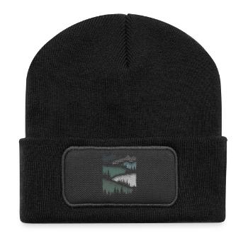 Natur Berge Wandern Wald Minimalistisch Geschenk - Recycelte Patch Beanie - Schwarz - Vorne