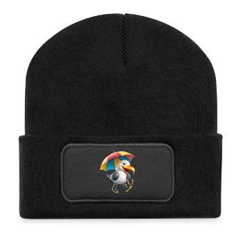 Verspielter Möwen-Charakter mit Regenschirm - Recycelte Patch Beanie - Schwarz - Vorne