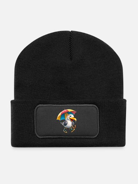 Playful Seagull Character with Umbrella - Recycled Patch Beanie - black