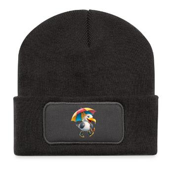Playful Seagull Character with Umbrella - Recycled Patch Beanie - dark grey - Front