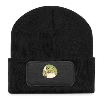 Stoned Cartoon‑Frosch kifft: Cannabis‑Quak - Recycelte Patch Beanie - Schwarz - Vorne