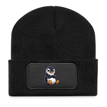 Pinguin Cartoon skeptischer Blick lustig - Recycelte Patch Beanie - Schwarz - Vorne