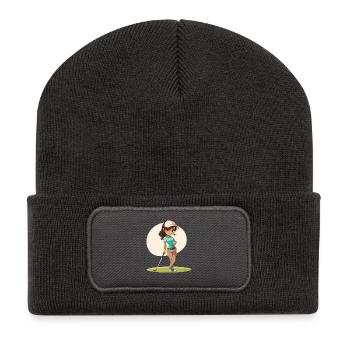 Weiblicher Golfer Comic - Recycelte Patch Beanie - Dunkelgrau - Vorne