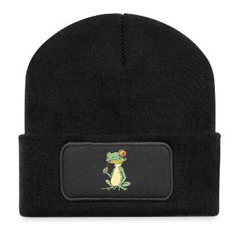 Frog with Joint in Mouth - Weed Frog Design - Recycled Patch Beanie - black - Front