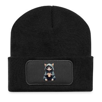 Niedlich: Katze im Hoodie mit Kaffee - Recycelte Patch Beanie - Schwarz - Vorne