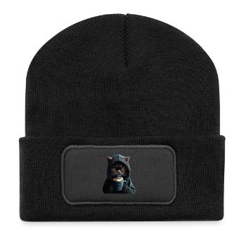 Mystische Katze mit Hoodie & Kaffee - Recycelte Patch Beanie - Schwarz - Vorne