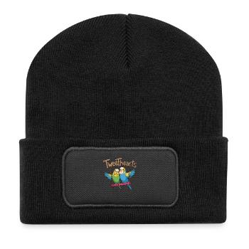 Zwei Wellensittiche Tweethearts Auf Schaukel - Recycelte Patch Beanie - Schwarz - Vorne